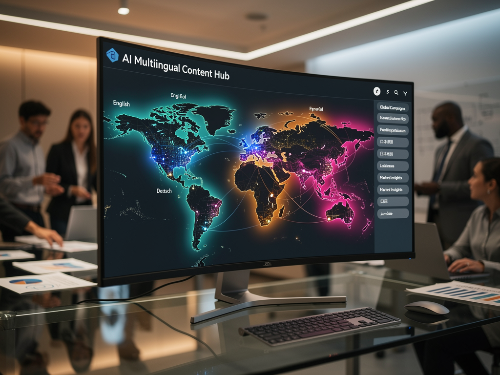 World map visualization showing content distribution across multiple countries with language indicators and traffic metrics for each region, displayed on a large monitor in a global marketing team's office