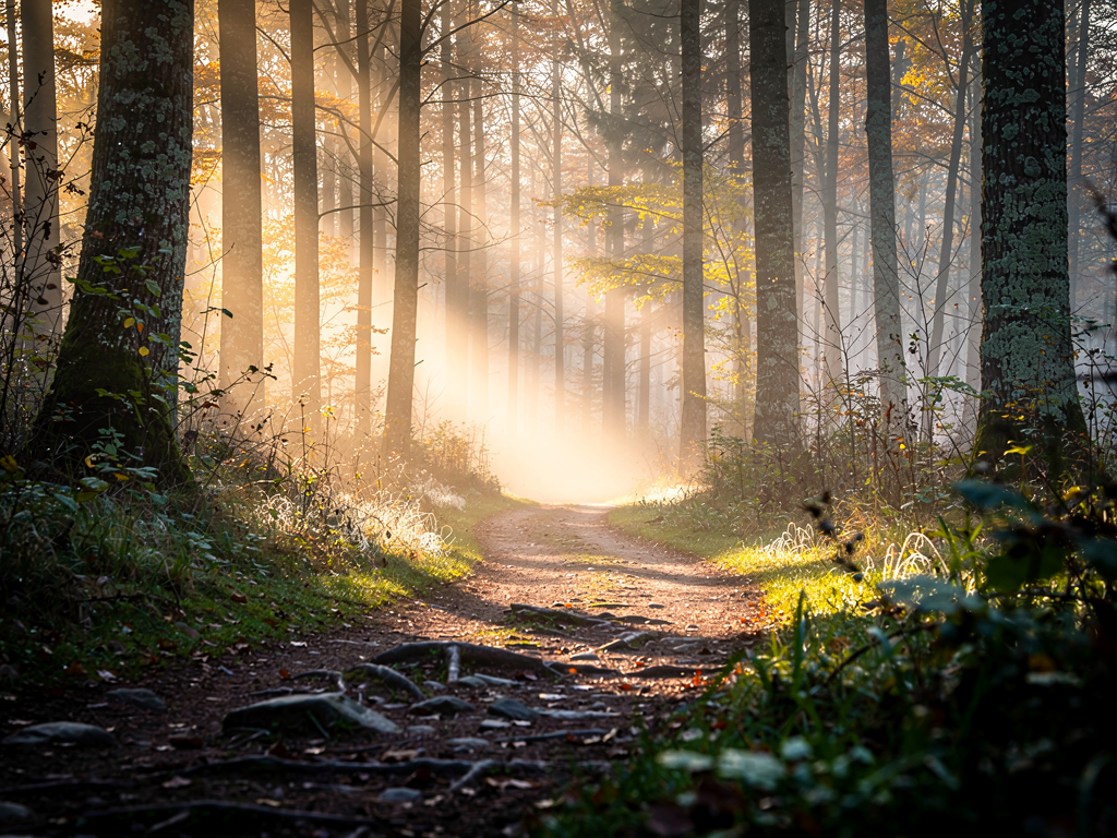 A winding path through a misty forest at dawn, with light beginning to break through the trees in the distance, symbolising the journey from confusion toward clarity, photographed with natural morning light creating depth and atmosphere