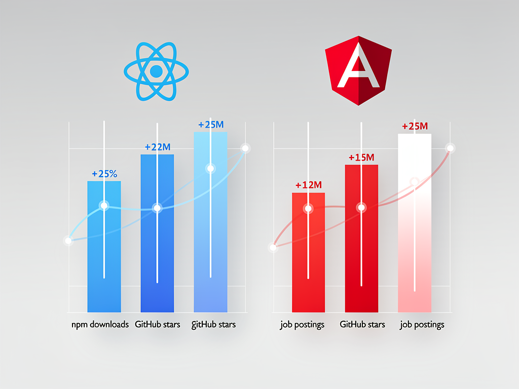 Infographic comparing React and Angular adoption statistics in 2026, showing bar charts of npm downloads, GitHub stars, and job postings with clean iconography and data visualization elements against a light background
