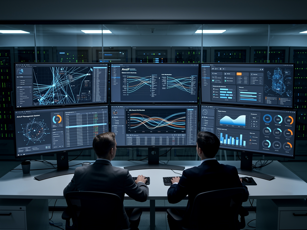 Cybersecurity operations center monitoring integrated building systems, with security analysts reviewing network traffic visualizations and threat detection alerts on multiple displays, focused professional environment