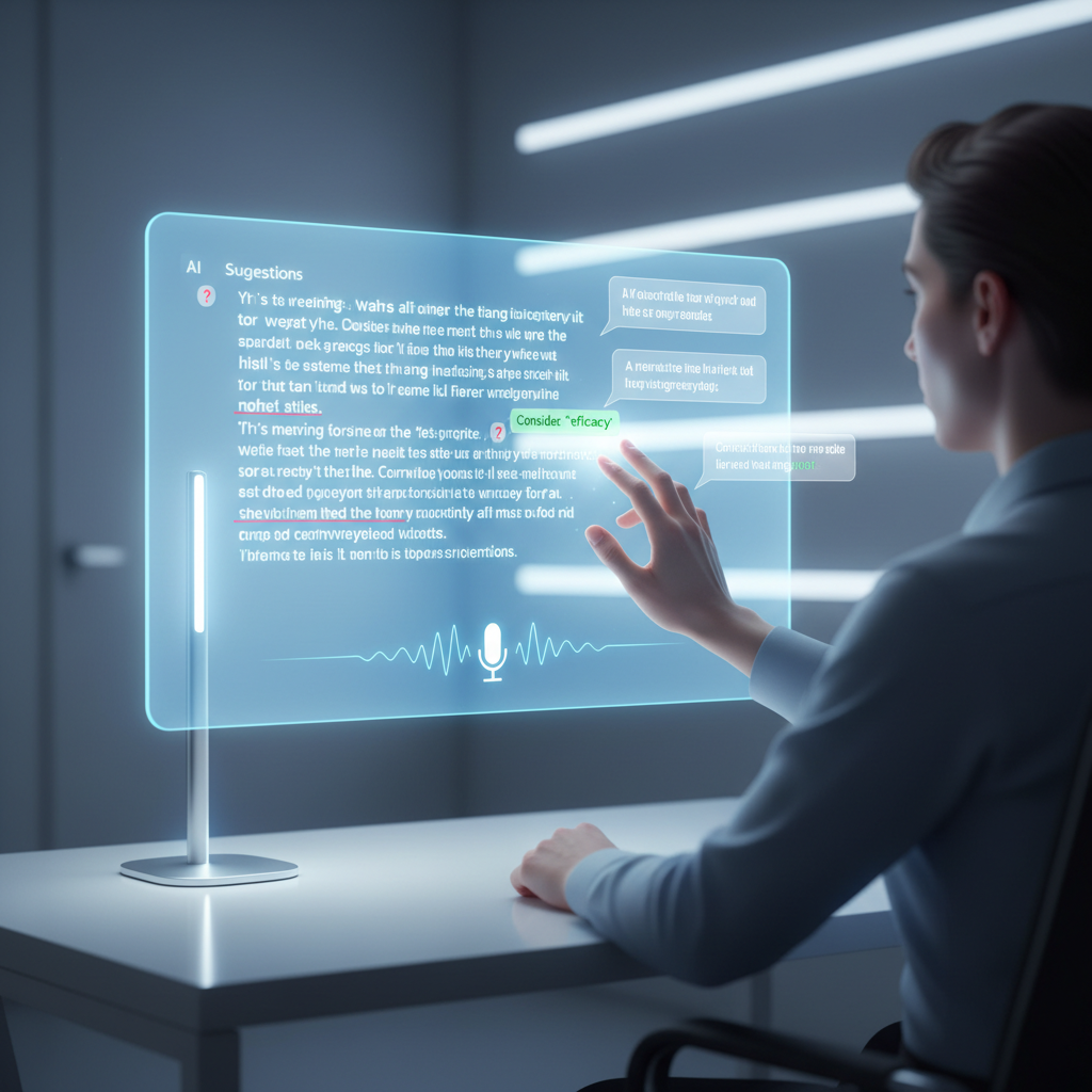 An abstract depiction of future writing assistance, showing a user interacting with a holographic interface that integrates voice commands, AI-driven text suggestions, and real-time grammar feedback.