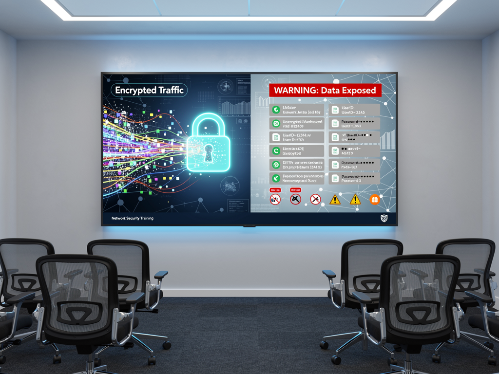 A split-screen visualization showing encrypted versus unencrypted network traffic, with packet data representations, security lock icons, and data flow diagrams on a large presentation display in a training room