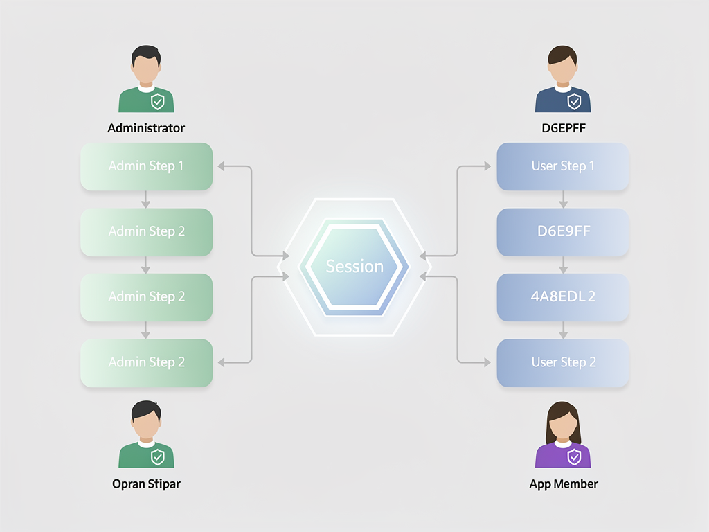 Flowchart diagram showing dual authentication paths in a multi-tenant SaaS application, with platform user login on the left branch and app member login on the right branch, both connecting to a central session management system, clean technical illustration with green and blue accent colors