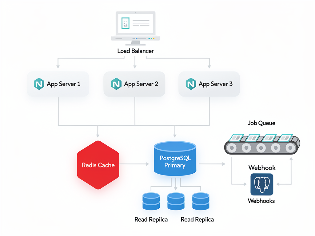 System architecture diagram showing load balancer distributing traffic to multiple Next.js application servers, with Redis cache layer, PostgreSQL database with read replicas, and background job queue for webhook processing