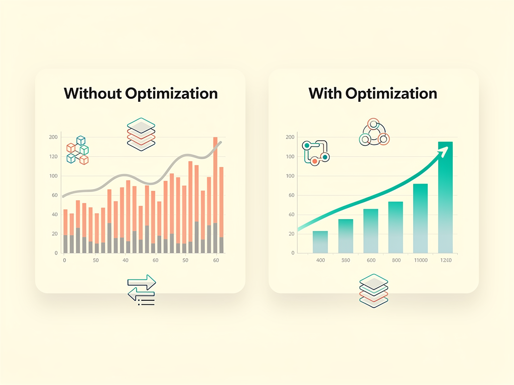 Performance comparison chart showing network requests over time with and without TanStack Query optimization, displaying reduced request frequency due to caching, eliminated duplicate requests from deduplication, and faster perceived load times from prefetching, using clean bar charts and line graphs in an infographic style