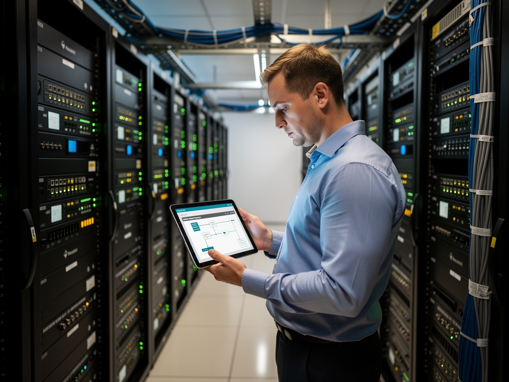 A network administrator reviewing detailed system documentation on a tablet while standing in a server room, rack-mounted equipment with blinking status LEDs visible in the background, professional lighting highlighting the organized cable management