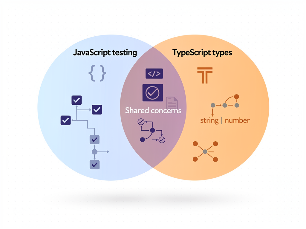 Venn diagram comparing testing responsibilities in JavaScript versus TypeScript projects, showing how TypeScript's type system handles structural verification while tests focus on business logic, with clean overlapping circles and labels