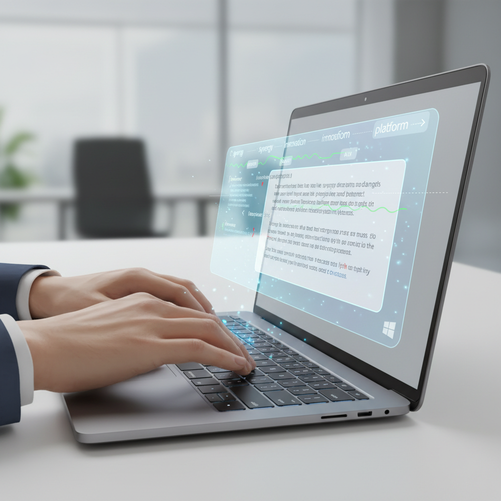A person's hands are shown typing on a laptop keyboard, with a holographic interface displaying predictive text suggestions and grammar corrections floating above the screen, indicating a seamless and integrated writing assistance experience.
