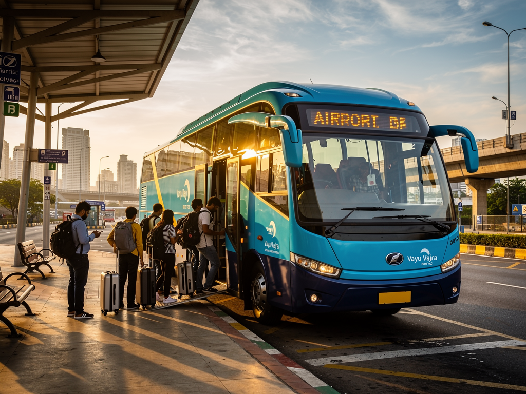 A modern BMTC Vayu Vajra Volvo bus with cyan-blue body and dark blue lower panels parked at a busy urban bus terminal during morning hours, passengers with luggage waiting to board, warm sunlight casting long shadows across the concrete platform