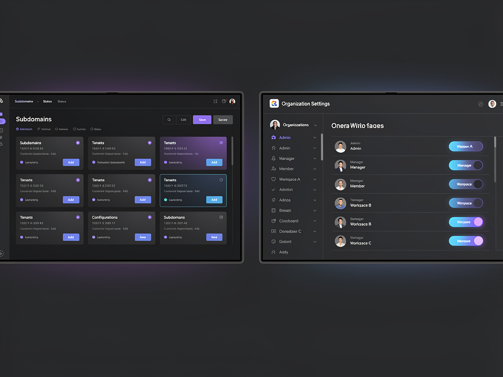 Split-screen comparison showing NextBuilder dashboard interface on the left with subdomain management features and supastarter admin panel on the right displaying organization settings, both rendered in modern dark UI themes with purple accent colors