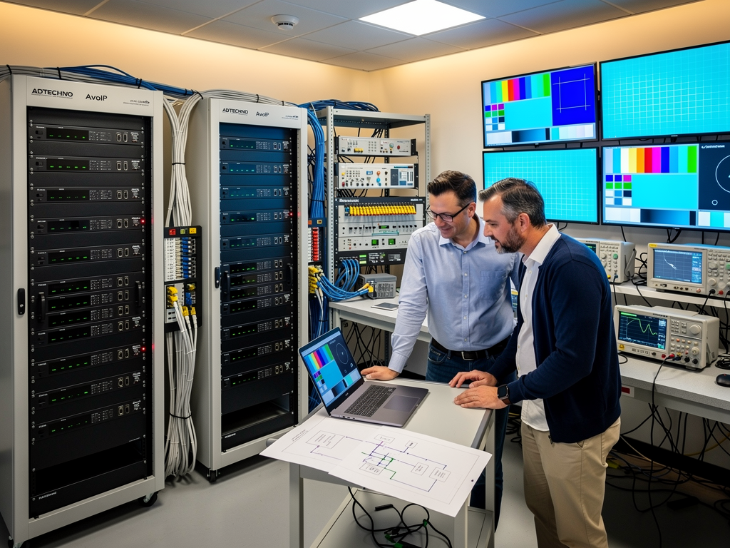 Technical staging area with rack-mounted AVoIP encoders and decoders connected to test displays and BMS simulation equipment, engineers reviewing configuration on laptops, professional laboratory lighting