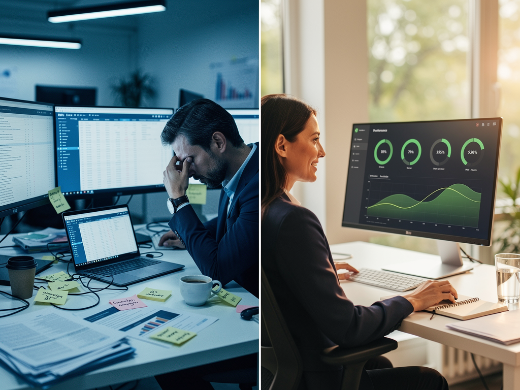 Split-screen comparison showing a stressed marketing professional surrounded by multiple browser tabs and spreadsheets on the left, contrasted with a calm professional reviewing a clean automated dashboard with green status indicators on the right, illustrating the difference between manual and automated SEO workflows