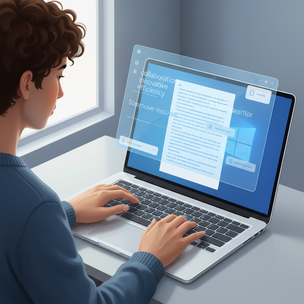 A person typing on a laptop with a translucent overlay showing word predictions and grammar corrections, illustrating seamless AI integration into the Windows desktop environment
