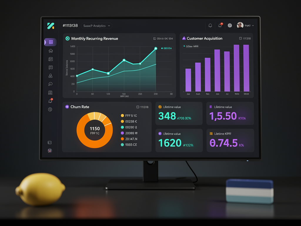 SaaS analytics dashboard displaying monthly recurring revenue trend line, customer acquisition chart, churn rate gauge, and lifetime value metrics, presented in a modern dark theme interface with colorful data visualizations and key performance indicators highlighted