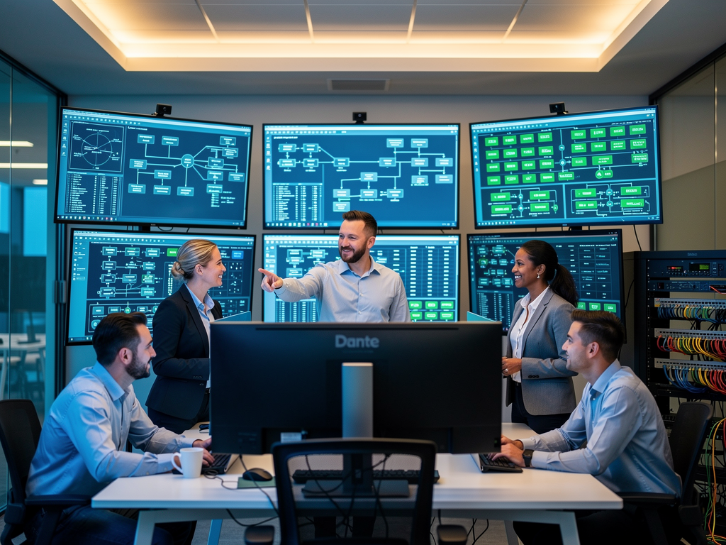 A celebratory moment in a control room as technical staff monitor a fully operational AVoIP system across multiple screens, with green status indicators confirming successful integration across an entire facility