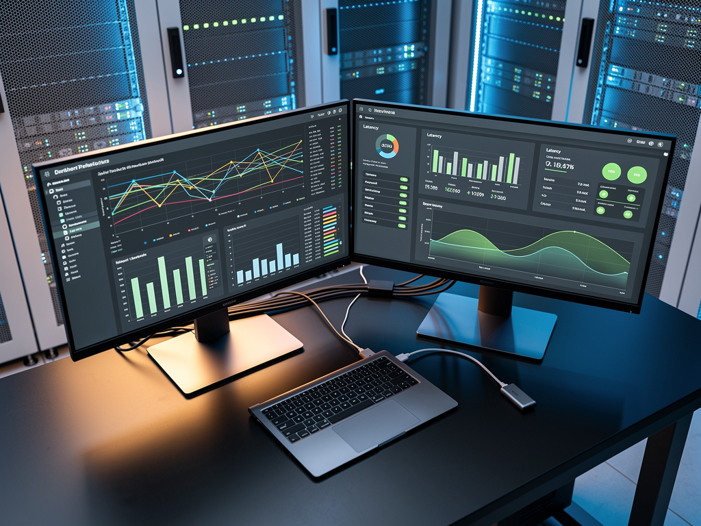 A technical workstation displaying network monitoring software with real-time bandwidth graphs and system health indicators, multiple screens showing different diagnostic views, professional data center environment with organized equipment racks visible