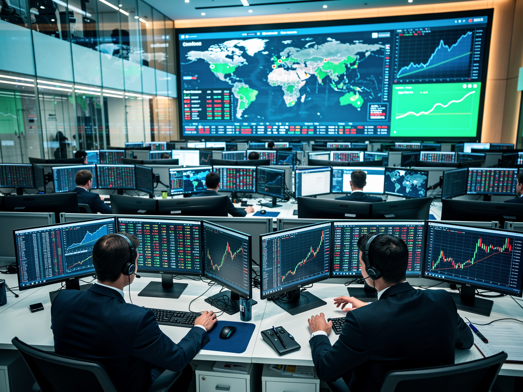 A financial trading floor with rows of workstations featuring multiple monitors displaying market data, traders actively working, large video wall showing global market information, dynamic and high-energy professional environment