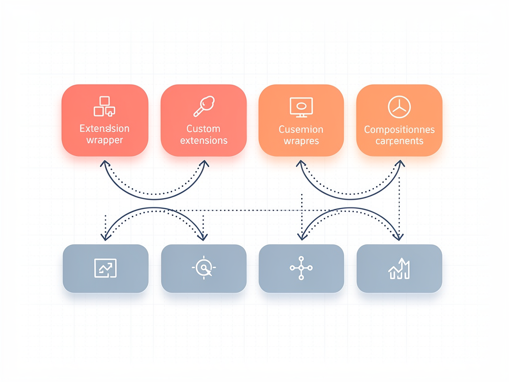 Code architecture diagram showing component composition pattern with original template components wrapped by custom extension components, using clear visual hierarchy and connection lines to illustrate the inheritance relationship