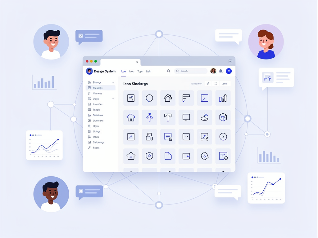 A team collaboration interface showing a design system documentation tool with an icon library section. Multiple team members are viewing and commenting on icon usage guidelines. The interface displays version history, approval workflows, and usage statistics for different icons. The design emphasizes collaborative features with avatar indicators and comment threads.