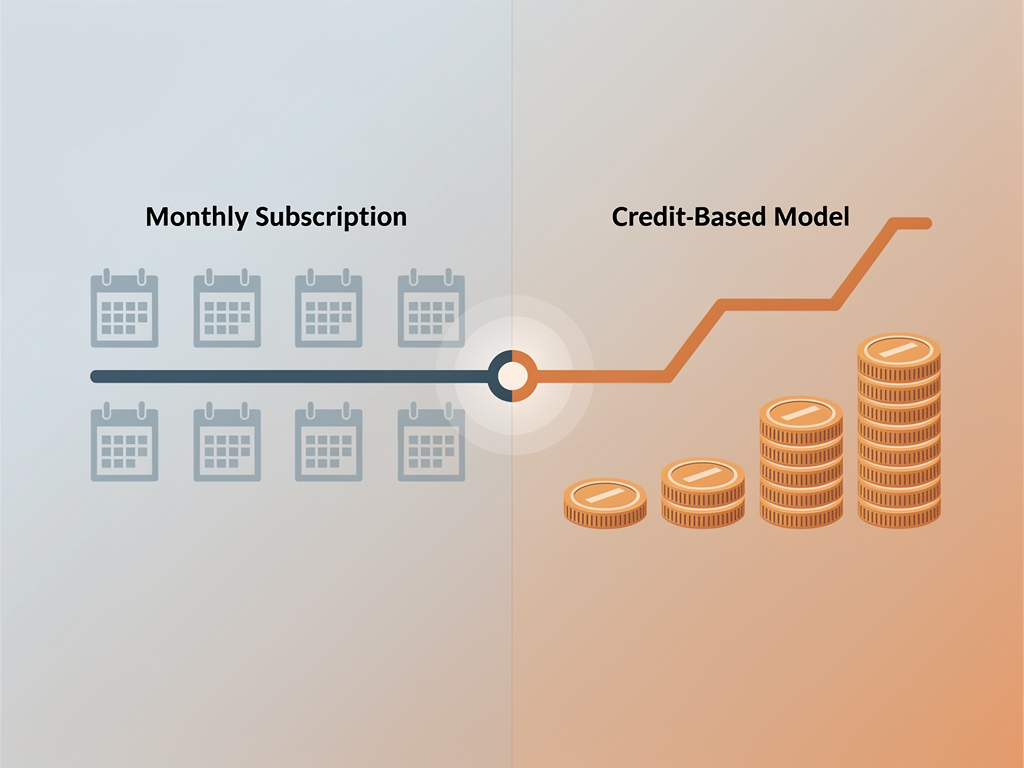 Infographic comparing subscription versus credit-based pricing models with visual representations of cost curves, showing break-even points and optimal use cases for each model type