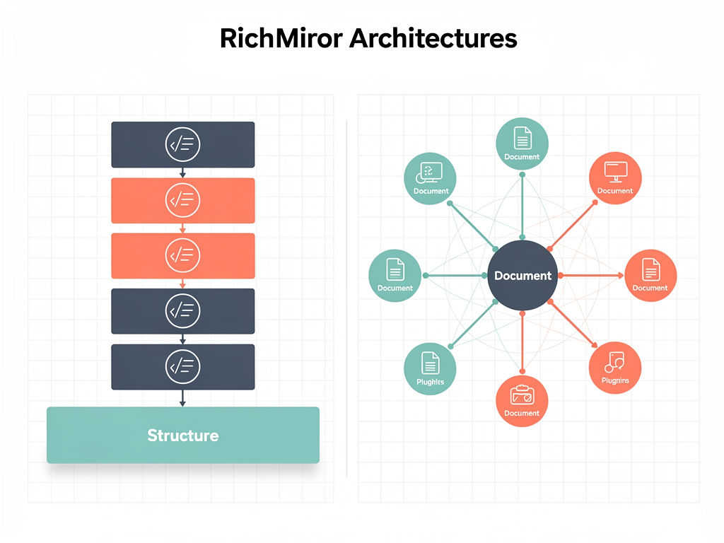 Side by side visual comparison of TipTap and Lexical editor architectures, showing TipTap's ProseMirror foundation with extension system on the left and Lexical's node based architecture with plugin composition on the right, rendered in clean infographic style with connecting lines and icons