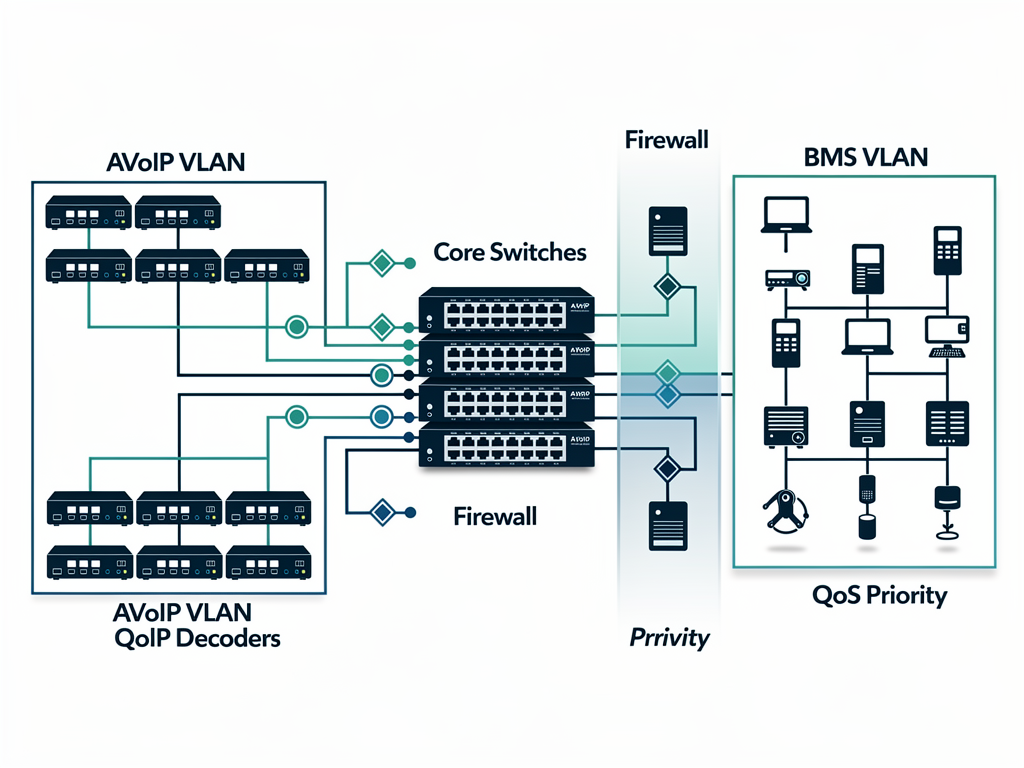 Network diagram illustration showing VLAN segmentation between AVoIP encoders, decoders, and building management controllers, with firewall boundaries and QoS policy indicators, rendered in clean technical documentation style
