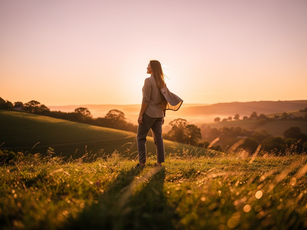 A sunrise viewed from a hilltop, golden light spreading across a peaceful landscape, a single figure standing confidently looking towards the horizon, symbolising hope and new beginnings in mental health recovery
