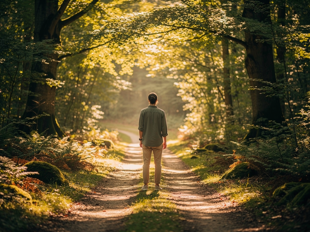 A person standing confidently at a crossroads in a sunlit forest path, looking forward with determination, symbolising the choice to pursue healthier relationships and personal growth through therapy
