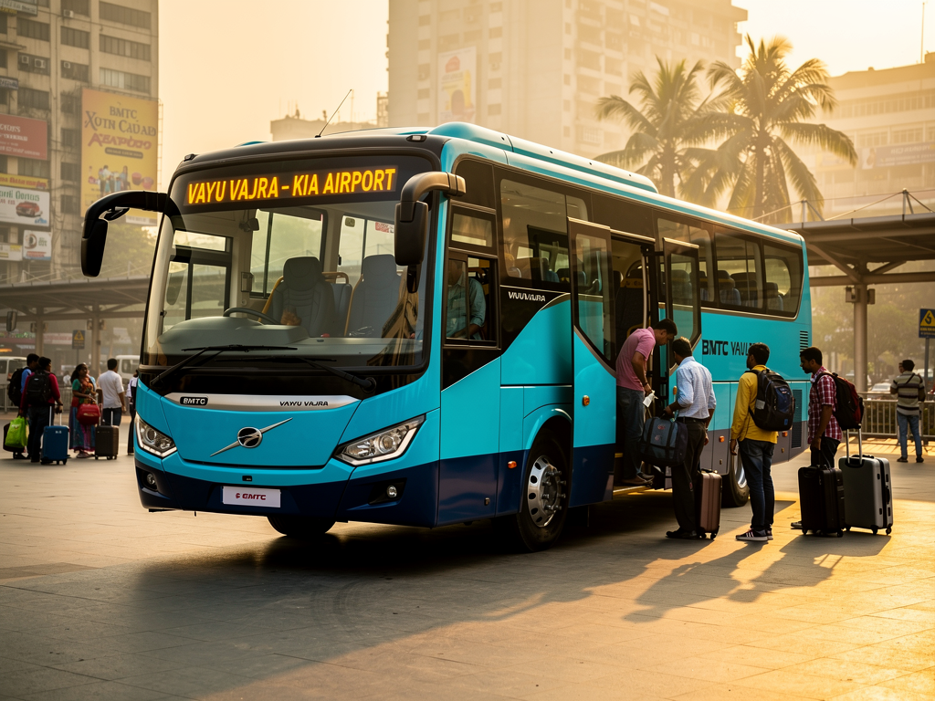 Modern BMTC Vayu Vajra Volvo airport coach in bright cyan-blue livery with dark blue lower panels, parked at a busy transit terminal during golden hour lighting, showing passengers boarding with luggage through the wide front door, urban Bangalore buildings visible in the background