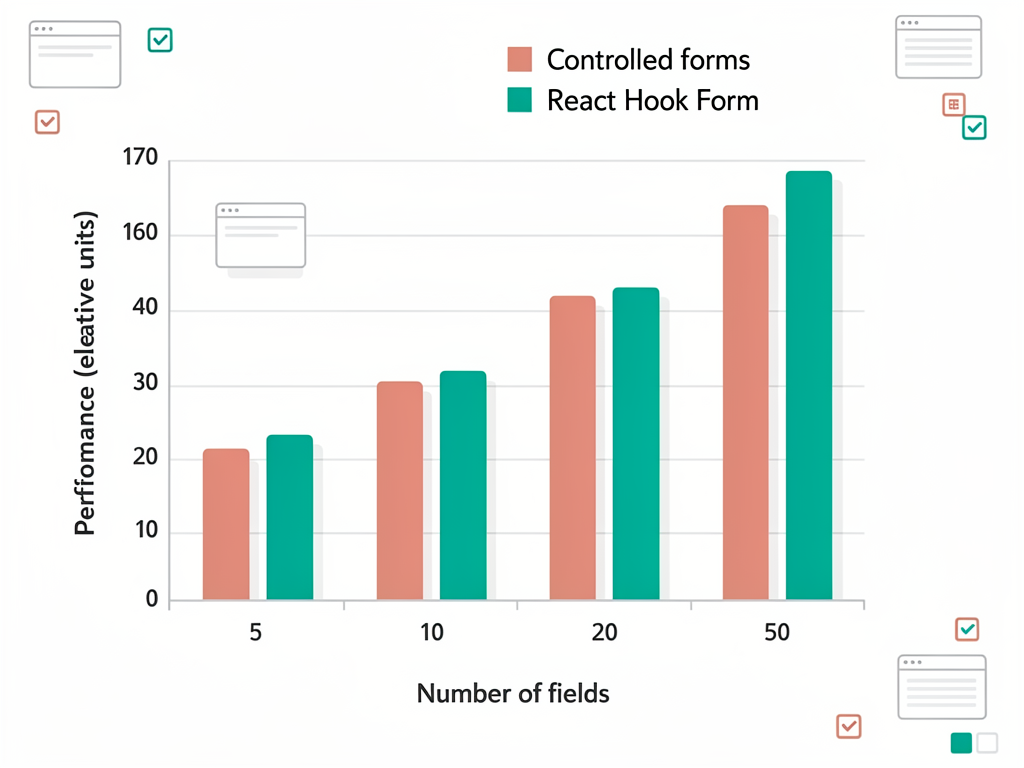 Performance comparison chart showing re-render counts for controlled forms versus React Hook Form across forms of increasing complexity (5, 10, 20, 50 fields), with bar graphs demonstrating the performance gap widening as form complexity increases, clean data visualization style