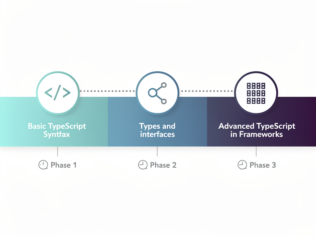 Learning progression timeline showing TypeScript skill development from beginner through intermediate to advanced, with milestone markers for each phase and estimated time durations, using a horizontal progress bar design
