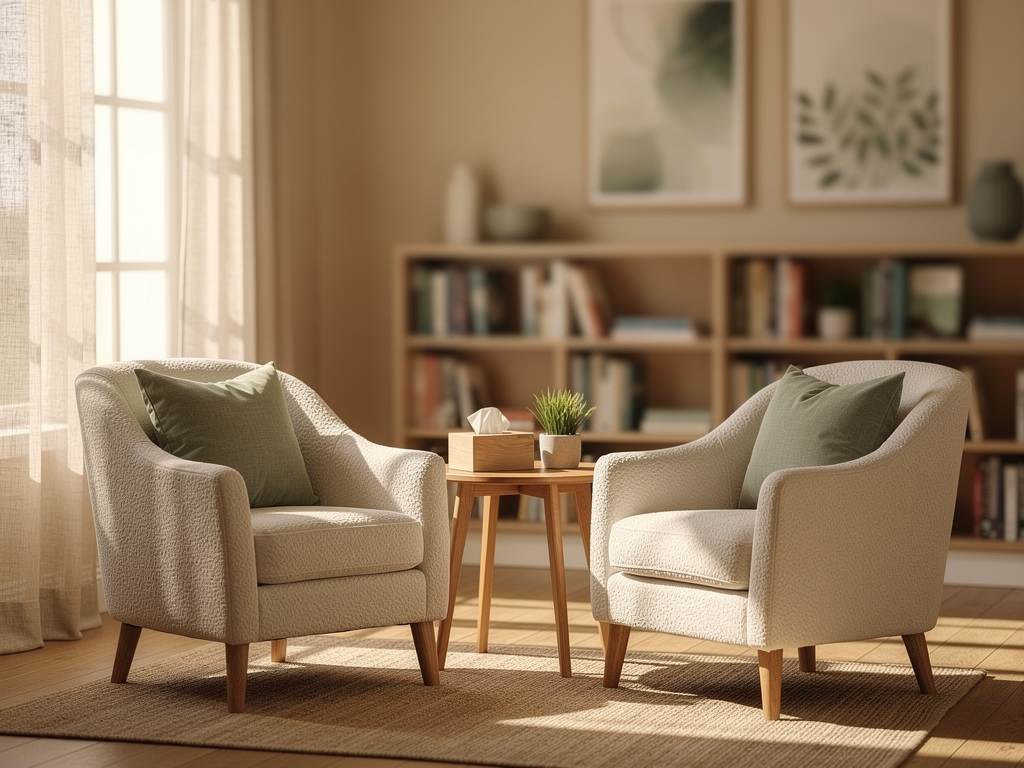 A warm therapy room setting with two comfortable chairs facing each other, soft natural lighting through sheer curtains, and calming neutral colours, representing a safe space for therapeutic conversation