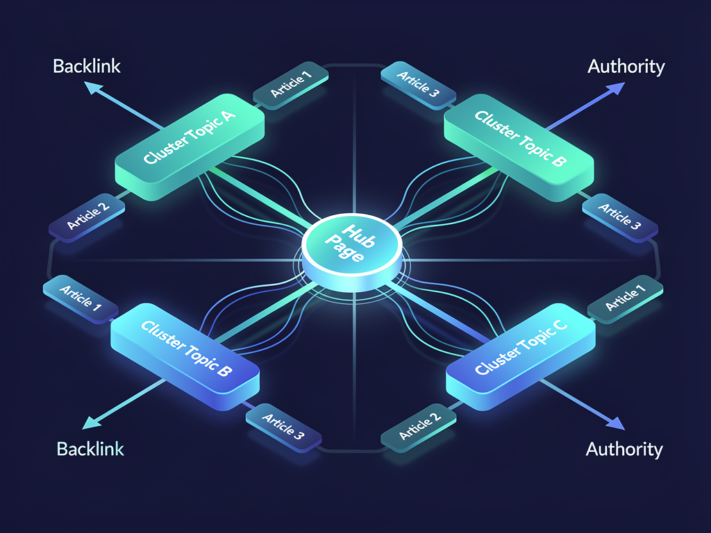 Network visualization showing website content architecture with hub pages connected to cluster content pieces, external links pointing to key pages, and internal links distributing authority throughout the structure, technical diagram style with clear labeling and professional appearance