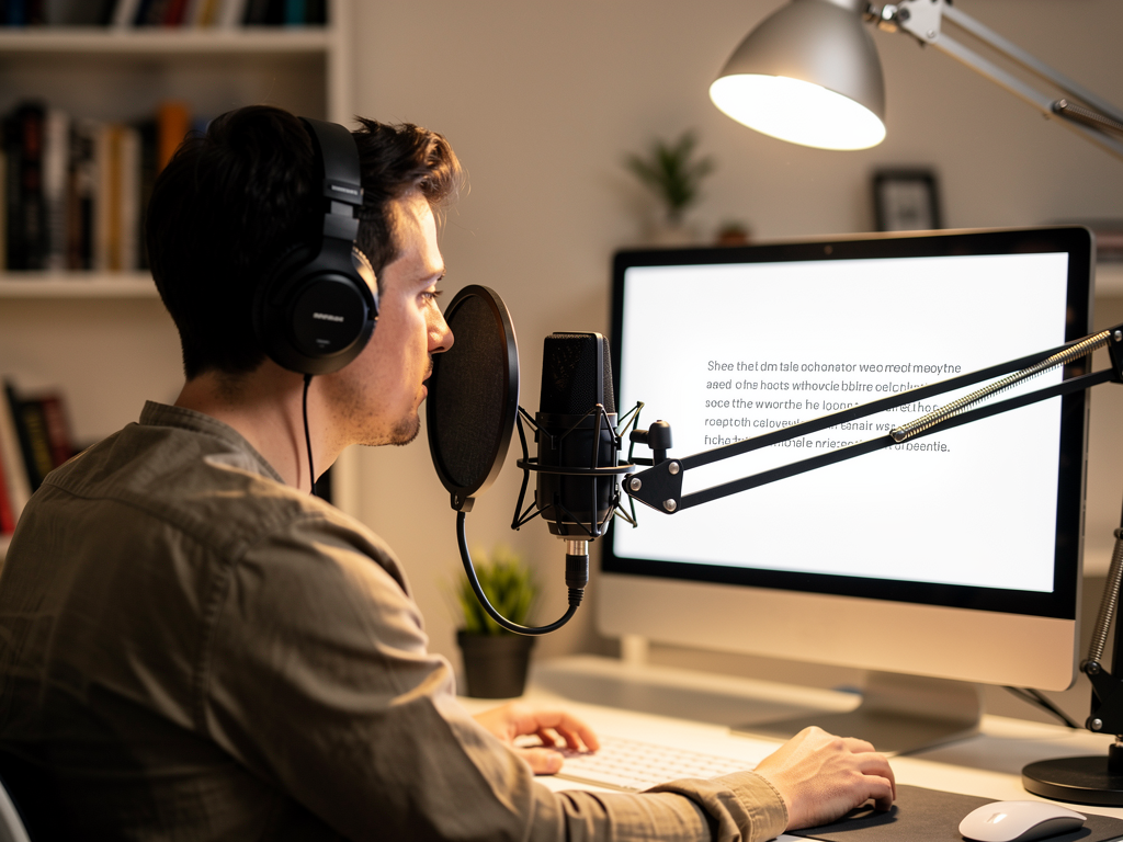 A person speaking into a microphone, with a computer screen displaying text appearing in real-time as they dictate.