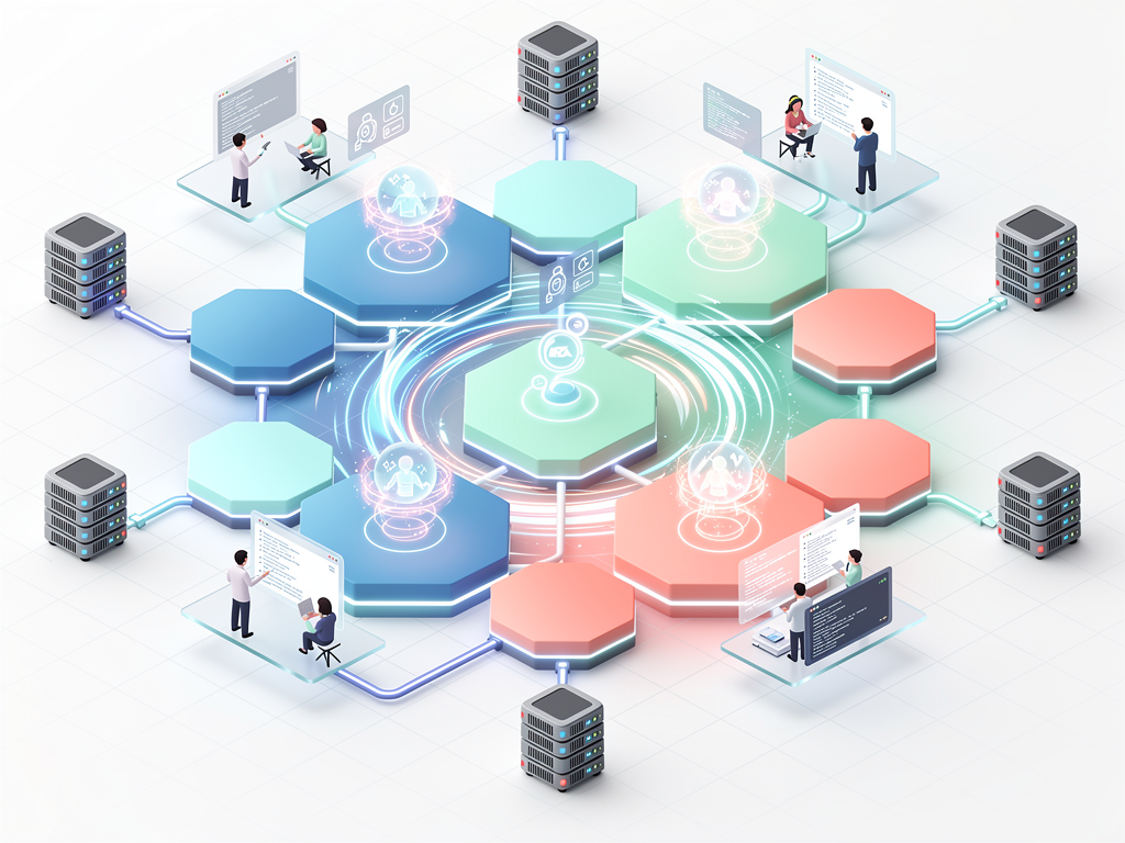 Futuristic visualization of SaaS development ecosystem showing interconnected template modules, AI assistance interfaces, edge computing nodes, and developer collaboration tools, rendered in a clean, forward-looking design style