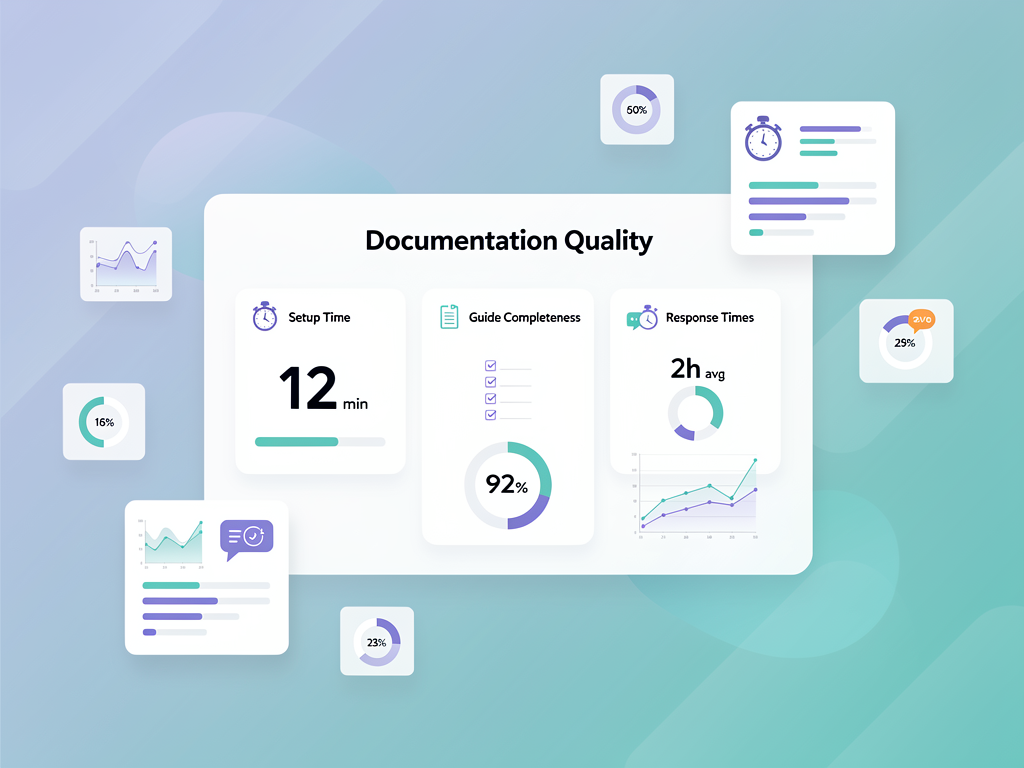 Infographic showing documentation quality indicators including setup time metrics, customization guide completeness, and support channel response times, displayed with clean icons and data visualization elements