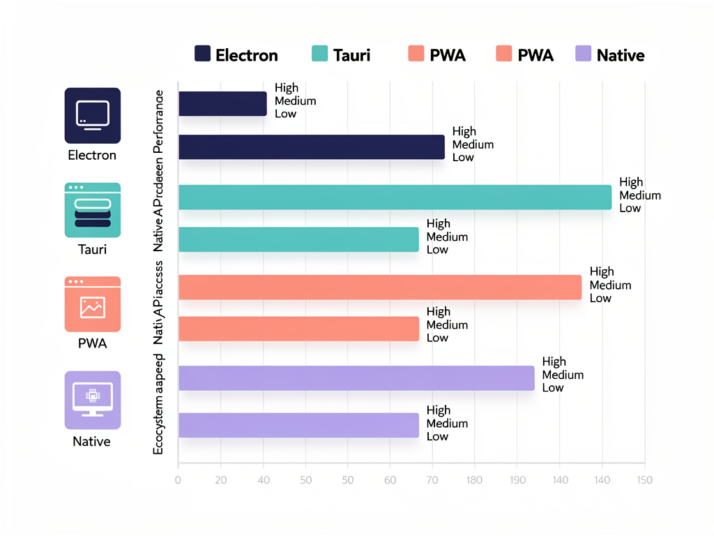 Technology comparison chart showing Electron versus Tauri versus PWA versus native development, comparing factors like bundle size, performance, native API access, development speed, and ecosystem maturity, horizontal bar chart style with technology logos