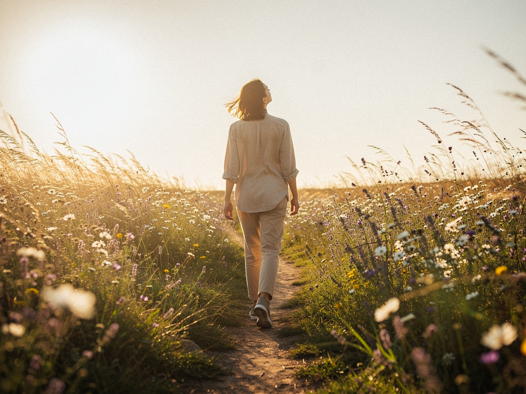 A person walking confidently along a sunlit path through a meadow, looking toward the horizon with a peaceful expression, wildflowers and gentle breeze suggesting freedom and possibility, warm golden hour lighting creating an atmosphere of hope and new beginnings