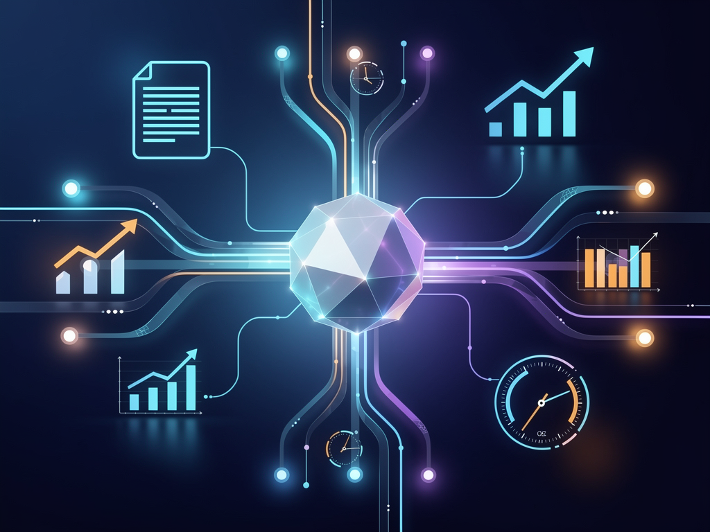 Futuristic visualization of AI content creation showing interconnected nodes representing text, images, video, and interactive elements flowing from a central AI hub, abstract digital art style with glowing connections and dynamic energy, suggesting innovation and technological advancement