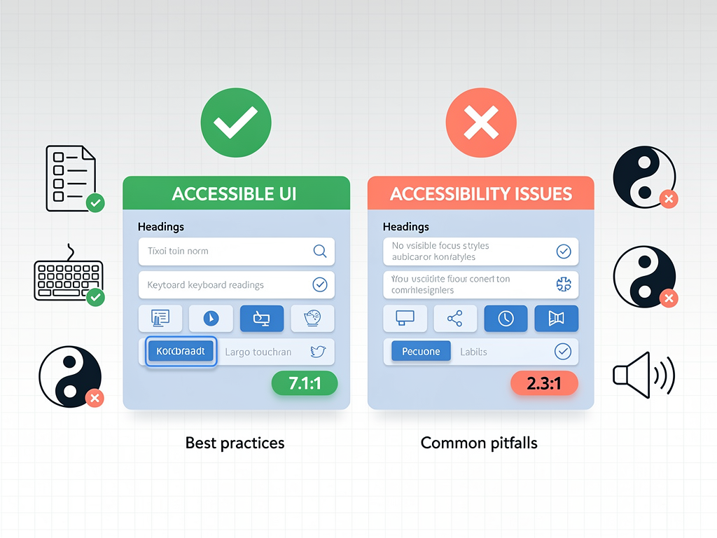 Side-by-side comparison infographic showing accessible versus inaccessible component implementations, with icons indicating proper semantic HTML, ARIA attributes, focus management, and color contrast requirements, displayed in clean educational style