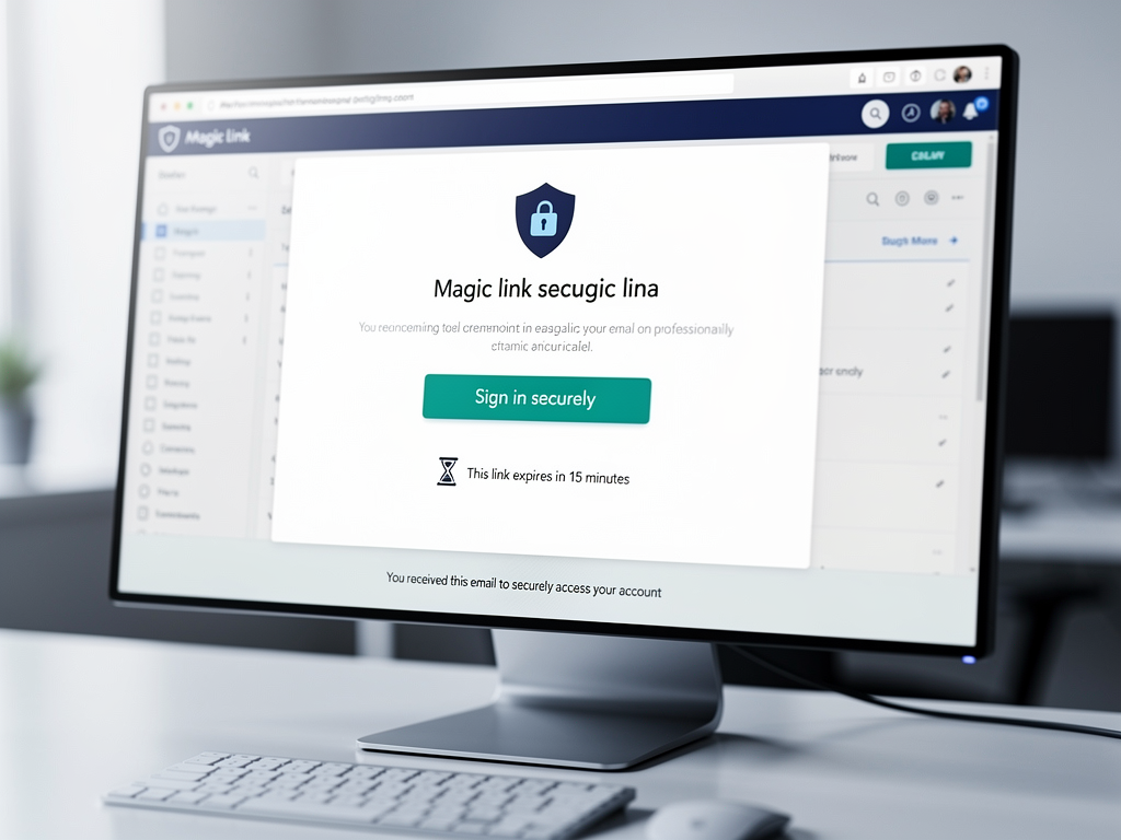 Email inbox showing a magic link authentication email with professional branding, clear call-to-action button, security notice about link expiration, and footer with company information, displayed in a modern email client interface