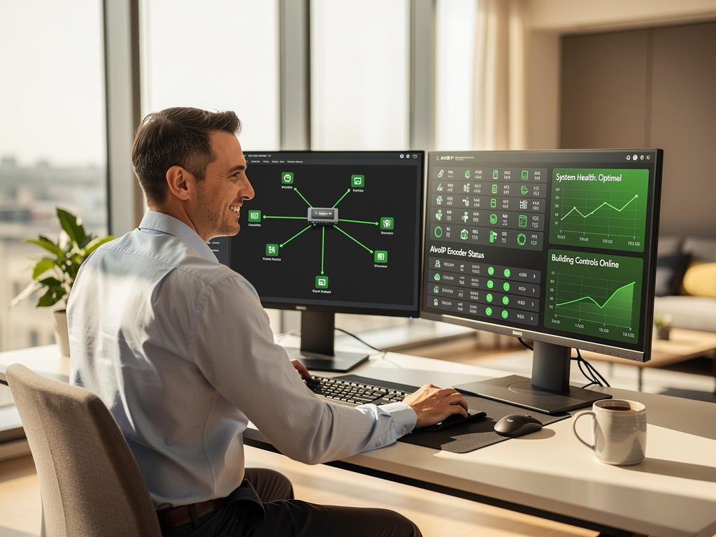 A satisfied facilities manager reviewing integrated system dashboards on a desktop workstation, showing green status indicators across both BMS and AVoIP systems, photographed in a comfortable office environment with natural lighting