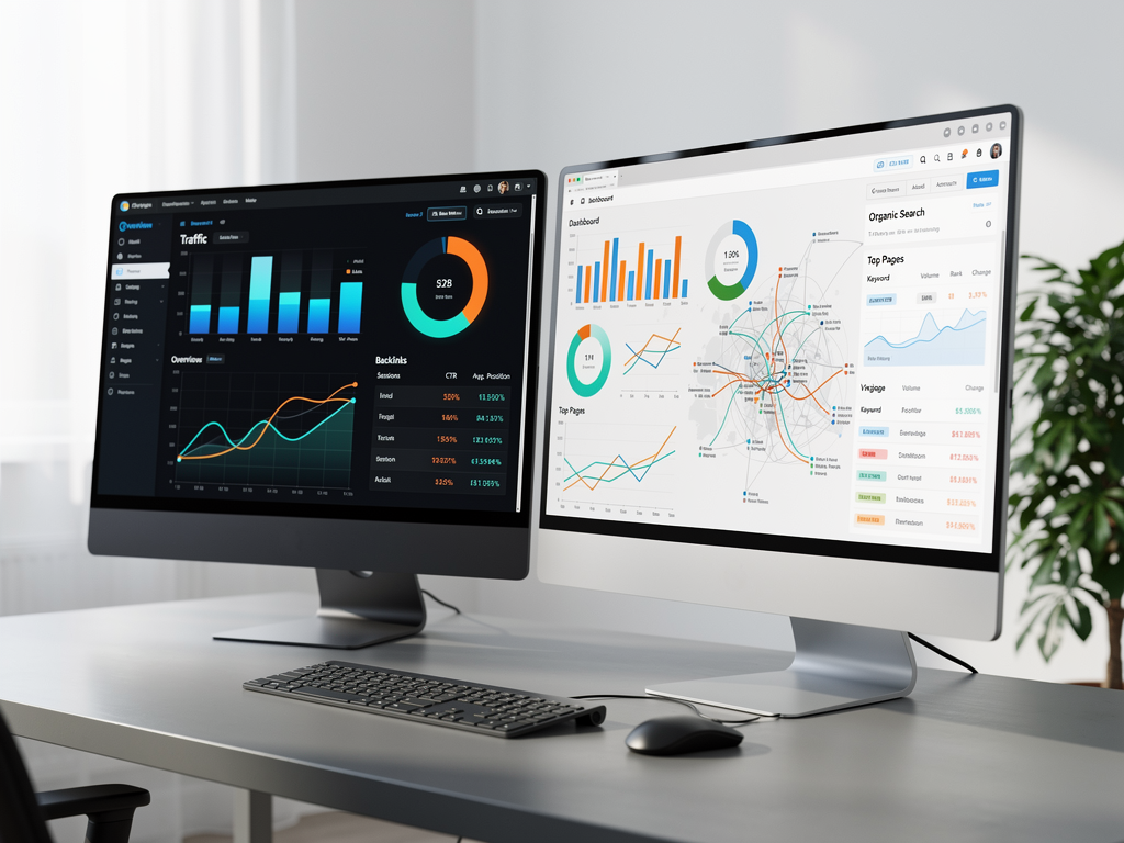Split-screen comparison showing Semrush and Ahrefs dashboards side by side, displaying keyword research results, backlink profiles, and domain authority metrics with colorful data visualizations