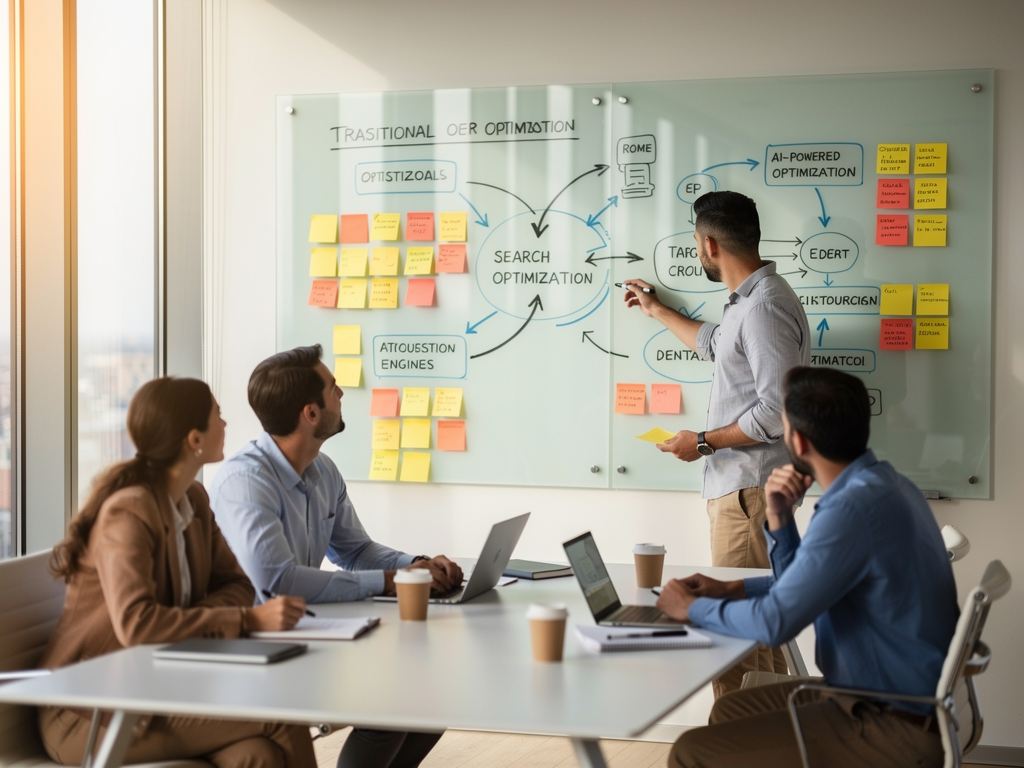 Strategic planning session with marketing team members gathered around a whiteboard covered with diagrams showing the integration of SEO and GEO strategies, post-it notes with content ideas, and flowcharts connecting different optimization approaches