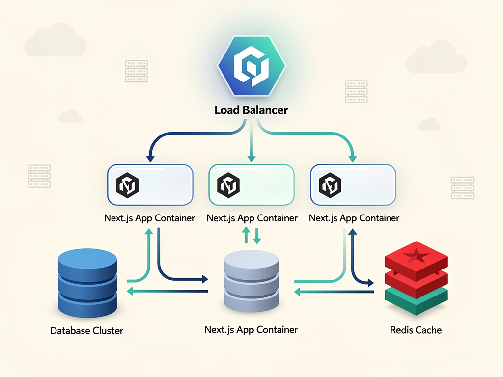 Infrastructure diagram showing a self-hosted Next.js deployment architecture with load balancer at the top, multiple container instances in the middle running the Next.js application, a managed database cluster on one side, and a Redis cache on the other, with arrows showing request flow and data connections, using cloud provider iconography