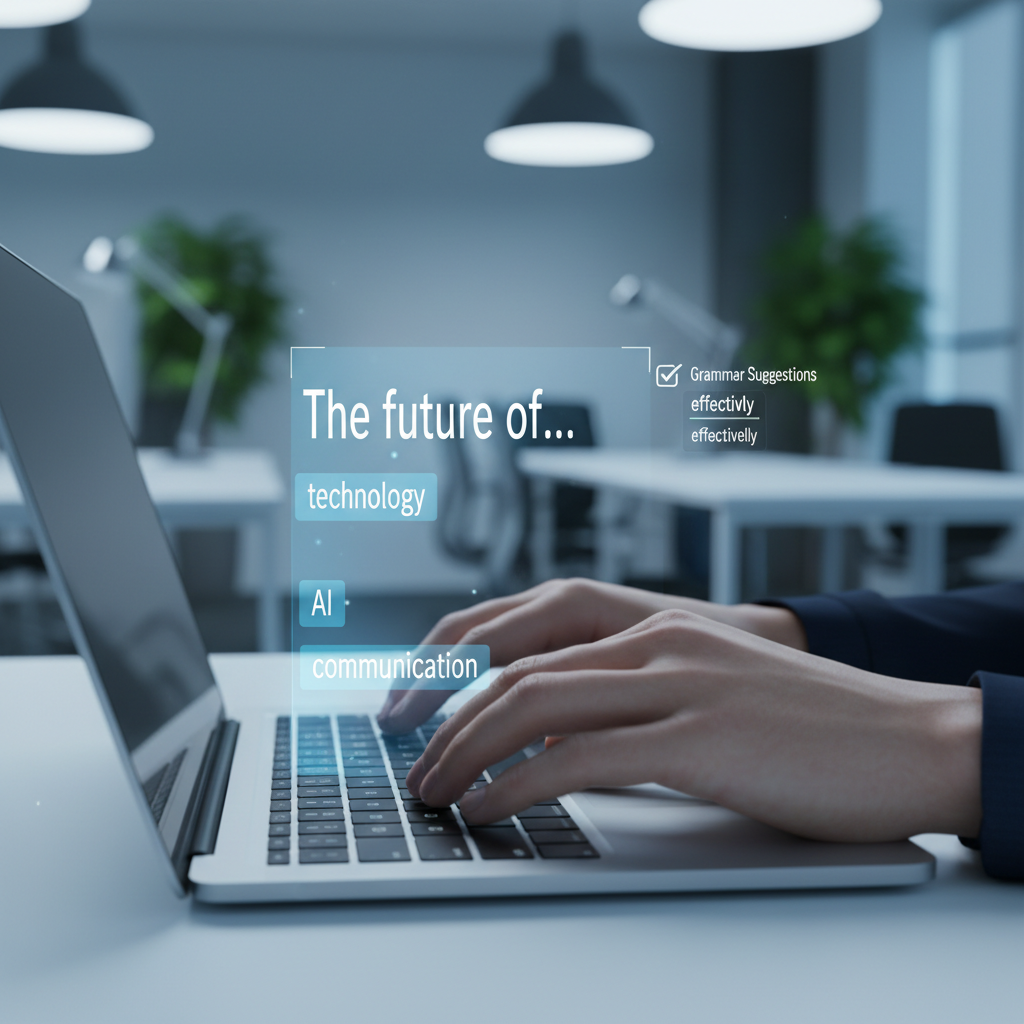 A close-up, eye-level shot of a person's hands typing on a modern, sleek laptop keyboard, with a subtle, glowing holographic interface projected above the keyboard displaying AI-powered writing assistance features like predictive text and grammar suggestions, all within a professional, well-lit office environment, using a cool blue and white color palette, rendered as a photorealistic editorial photograph suitable for a technology magazine.