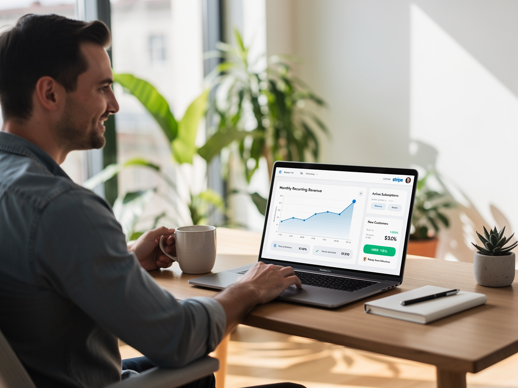 Successful SaaS founder reviewing payment analytics on laptop showing growing MRR chart, sitting in modern home office with plants and natural light, conveying sense of accomplishment and sustainable business growth