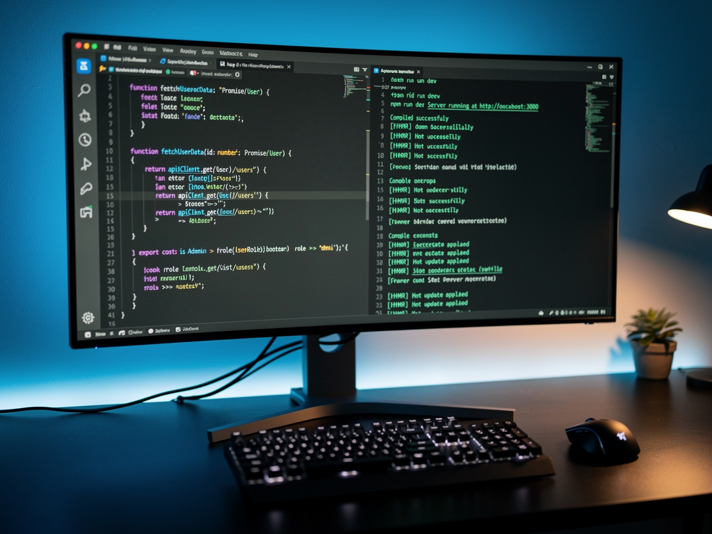 Split-screen developer workspace showing VS Code editor with TypeScript code on left side and terminal running development server with hot reload output on right side, demonstrating modern development workflow