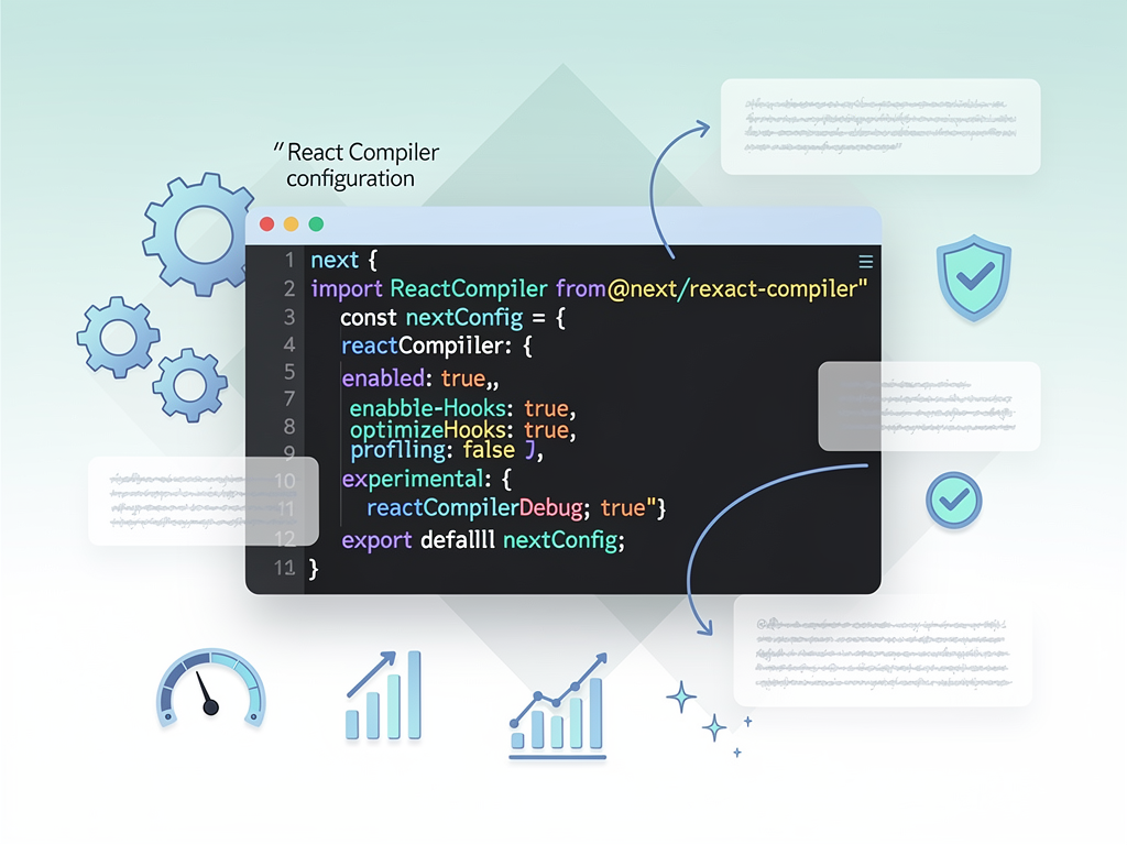 Configuration file screenshot showing Next.js compiler setup with annotations explaining each option, including strict mode settings, excluded directories, and performance monitoring integration, displayed in a modern code editor with helpful inline comments