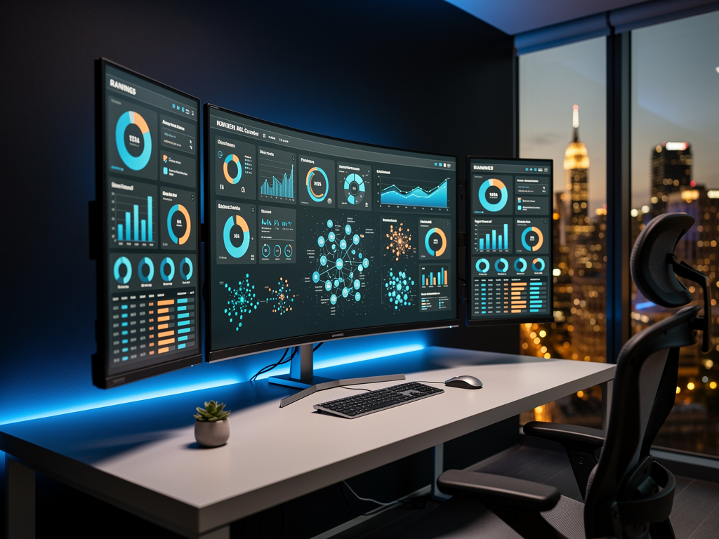 A futuristic command center dashboard displaying multiple screens with SEO metrics, content calendars, and automated workflow visualizations. The scene shows a modern office environment with ambient blue lighting, featuring real-time ranking charts, keyword clusters, and content performance indicators arranged in an intuitive grid layout.